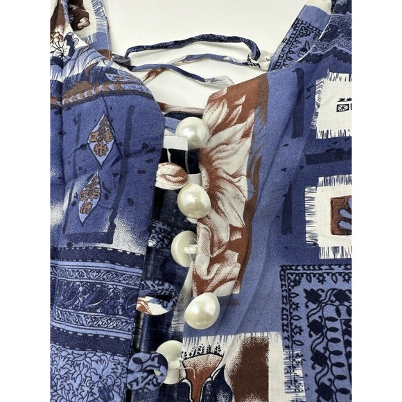 Vintage Tango Mango Flare Dress Size M Womans BlueTan Button down Sleeveless - Picture 6 of 8